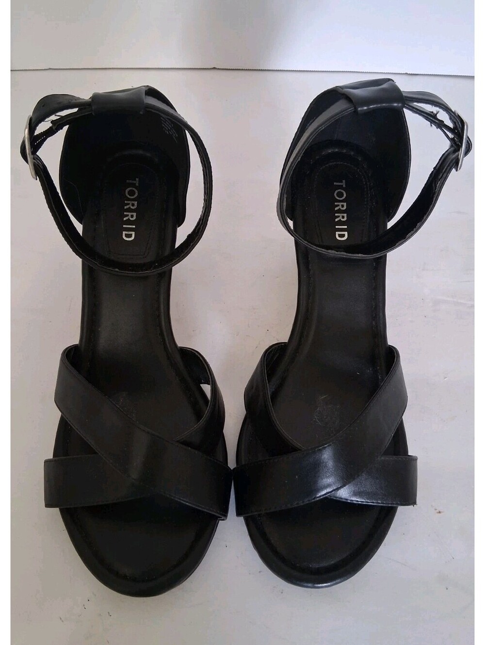Torrid 11W Faux Leather Black Criss Cross Wood Wedge Ankle Buckle Strap Sandals